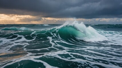 Fototapeta premium A powerful ocean wave crests under a dramatic, stormy sky. The turquoise water contrasts beautifully with the dark clouds.