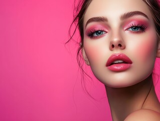 Fototapeta premium Woman with pink makeup and pink eyes in a close-up portrait photography