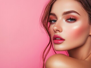 Fototapeta premium Woman with long brown hair wearing pink lipstick in a casual setting