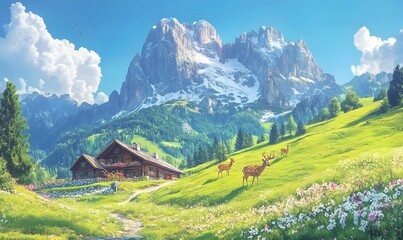 Mountain cabin, deer grazing, idyllic alpine meadow, sunny day
