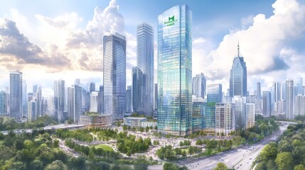 Fototapeta premium Modern Cityscape with Tall Skyscrapers and Green Spaces