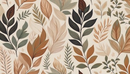Elegant Earthy Tones Seamless Pattern Natural Neutral Background Featuring Leaves and Lush Vegetation, Ideal for Interior Design or Graphic Design Projects