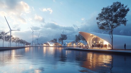 A clean energy expo showcasing wind, solar, and hydro technologies 