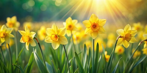 Fototapeta premium Sunny yellow daffodil flowers blooming in a lush green meadow