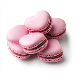 Obraz premium Pink heart-shaped macarons with chocolate filling.