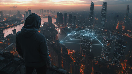 Fototapeta premium Hacker are planning to hack and attack networks and cyber security systems..Smart Innovation city with connection cyber security network reciprocity over the cityscape . future wireless digital city 