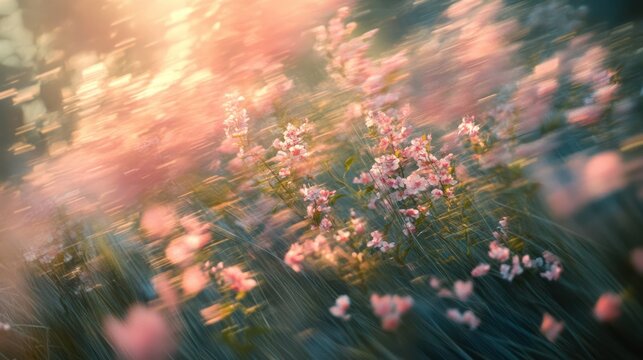 Sunset flowers field blur motion background