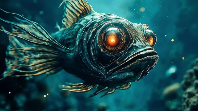 A fish fantastical and eerie swimming life on deep sea, Dark mysterious	