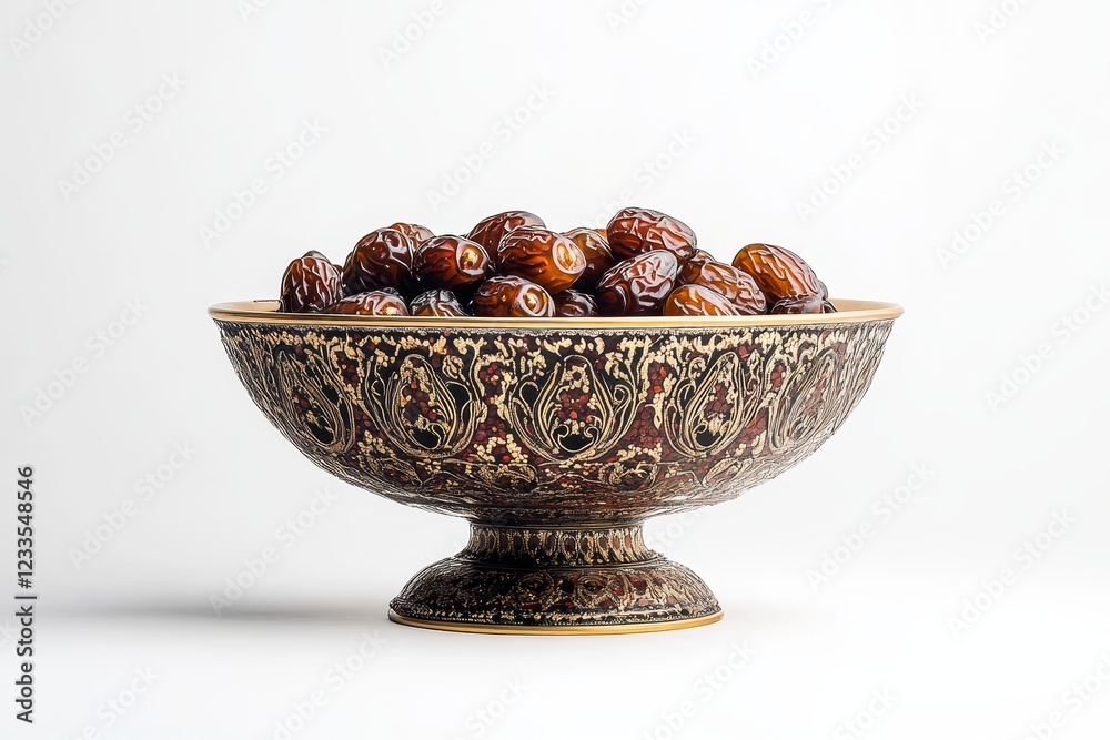 Poster dried dates in an ornate bowl.