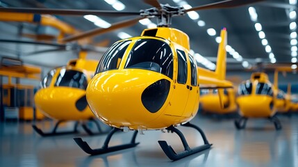 Bright Yellow Helicopter in Aircraft Hangar with Modern Design
