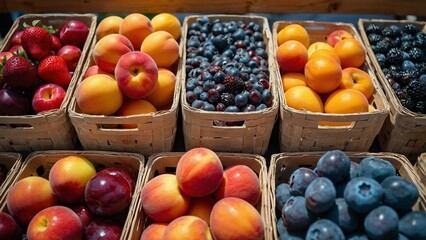 Fresh fruit Nectarines Strawberry Cherry The blueberry Rashberry Apricot at a fruit stand in a public market