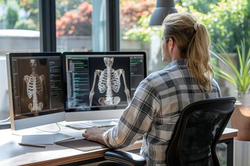 Physical therapist guides patient on maintaining proper posture and ergonomics while using computers in a simulated office environment, emphasizing injury prevention and wellness