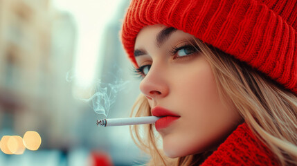 Fototapeta premium Close-up of a fashionable young woman wearing a red beanie and scarf, smoking a cigarette, with a distinct urban background in soft focus, embodying chic, confidence, and a reflective mood.