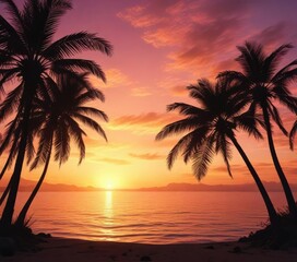 Silhouette of palm trees against glowing sunset sky, horizon, orange