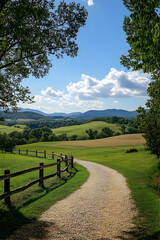 Serene Countryside Path: A Picturesque Gravel Road Winding Through Rolling Hills and Lush Green Fields Under a Summer Sky