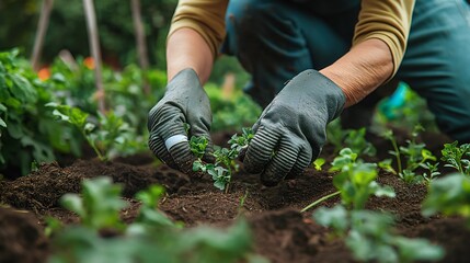 Fingers gently work through the soil as a dedicated gardener nurtures young plants. Wearing gloves and a small bandage, they find joy in nature despite a minor setback