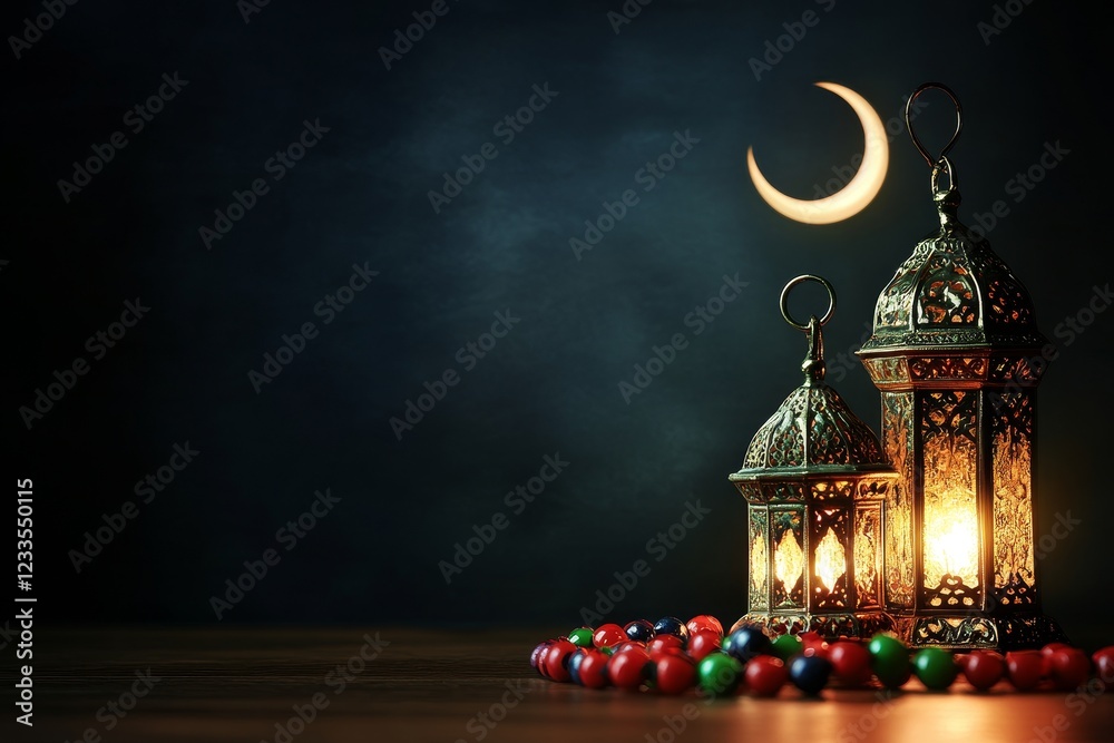 Poster illuminated lanterns and crescent moon on dark background.