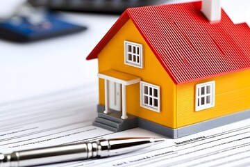 Model house with pen and documents on a wooden desk for housing finance