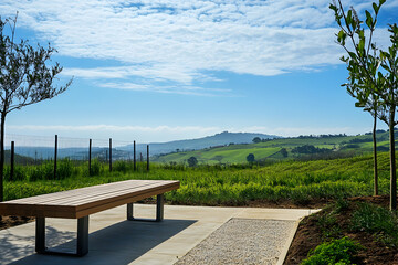 Obraz premium Serene Bench overlooking Rolling Hills and Lush Green Landscape under a bright sky