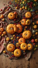 Richly colored pumpkins and juicy berries create a captivating still life composition amidst a richly textured wooden tablecloth and earthy ceramic accents , natural textures, fall arrangement