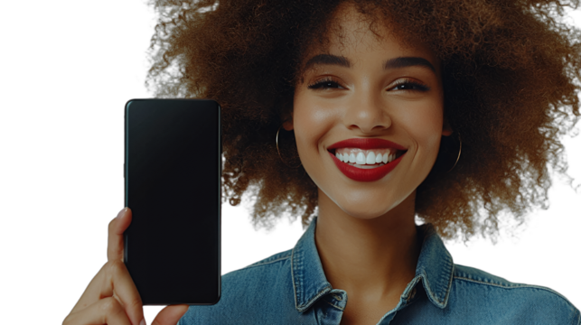 a young woman with curly hair and red lips holding a black smart phone in her hand with a smile on her face PNG image, PNG file, Generative art.