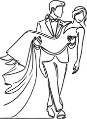 Elegant Line Drawing of Bridegroom Carrying Bride