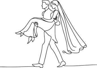 Elegant Line Drawing of Bridegroom Carrying Bride