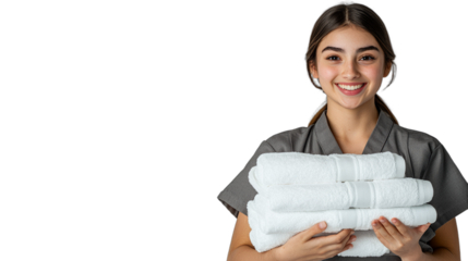 a young woman holding a stack of clean towels on a transparent background, PNG image, PNG file, Generative art.