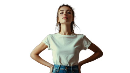 a young woman in a white t - shirt and jeans standing with her hands on her hips PNG image, PNG file, Generative art.