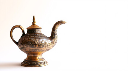 Fototapeta premium ornate golden teapot with a curved spout on white background