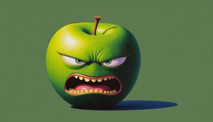 Angry Green Apple Cartoon Illustration Digital Art