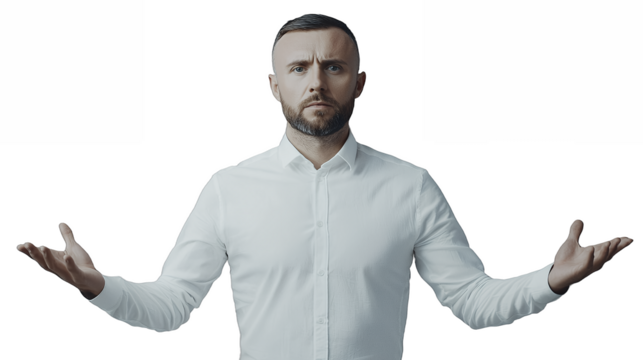 a man in a white shirt is making a gesture with his hands PNG image, PNG file, Generative art.
