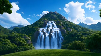 Lush Green Mountain Waterfall Under Bright Blue Sky and Clouds