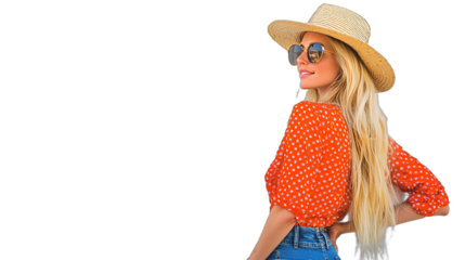 a beautiful young woman wearing sunglasses, a red shirt, a straw hat, and jeans standing against a transparent background, PNG image, PNG file, Generative art.