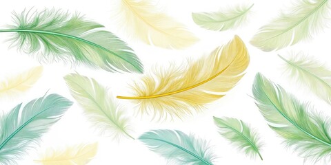 Pastel feathers in shades of pale yellow and green create a bright and cheerful design, uplifting mood, gentle texture