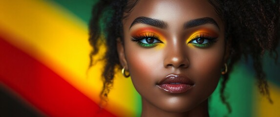 Portrait of a confident young Black woman celebrating cultural pride with vibrant colors, perfect for Black History Month events, marketing materials, or empowering campaigns.