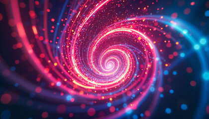 Swirling neon spiral in red and blue with glowing particles, Futuristic neon background	