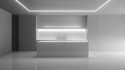 A minimalist modern kitchen with white cabinetry, a large central island, and subtle lighting accents