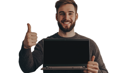 smiling young man holding a laptop with blank screen giving thumbs up sign on transparent background, photo PNG image, PNG file, Generative art.