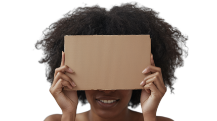 a young woman with curly hair covering her eyes and holding a brown cardboard box in her hands over her head PNG image, PNG file, Generative art.