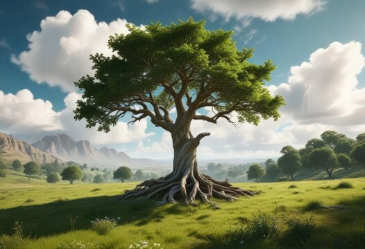 Solitario ?rbol de roble en un paisaje verde con nubes blancas en el cielo, ?rboles, roble