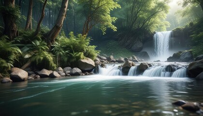 Soft-focus view of serene river flowing from enchanted forest waterfall, serene, flowing, waterfall, river