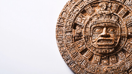 Obraz premium closeup of aztec sun stone calendar in brown on a white background