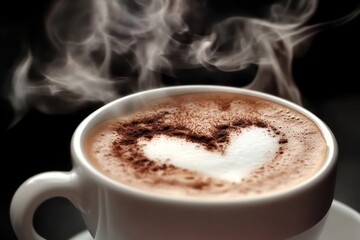 Obraz premium A close-up shot of a steaming cup of cappuccino with frothy milk and a heart-shaped design.