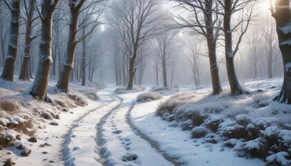 Obraz premium Snowy path winding through a frosty winter woodland, winter, frosty