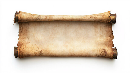 vintage rolled up parchment paper scroll with burned edges and wooden ends isolated on white background