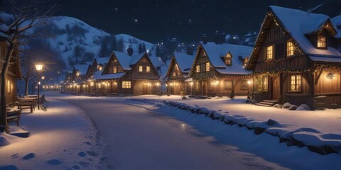Fototapeta premium Snow-covered village at night with festive lights, winter wonderland, night