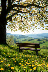 Fototapeta premium Serene Spring Landscape: Bench Under a Blossoming Tree with Panoramic Mountain Views