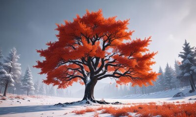 Snow-covered black tree with vibrant red orange foliage, red orange background, black trees, tree in winter