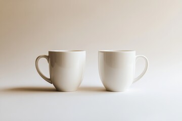 Two empty white coffee mugs on a beige background.